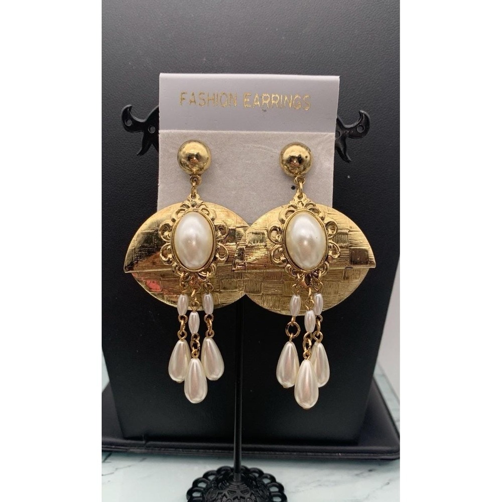 Vintage New Old Stock Textured Gold Tone And Faux Pearl Dangle Pierced Earrings